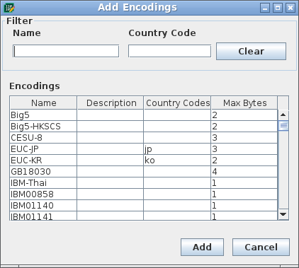 Add Encodings Dialog